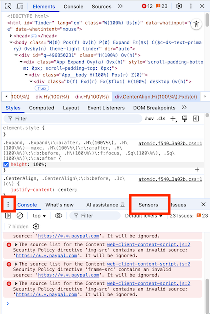 Aba “Sensors” nas ferramentas de desenvolvedor do Chrome