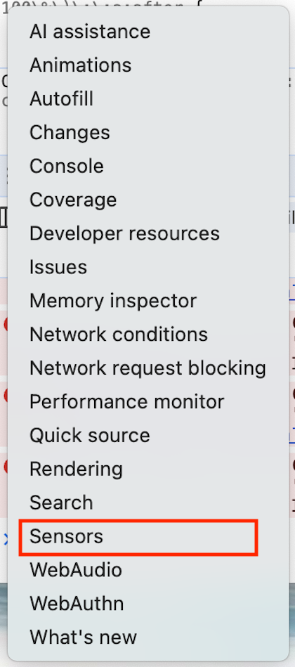Painel “Sensors” nas ferramentas de desenvolvedor do Chrome
